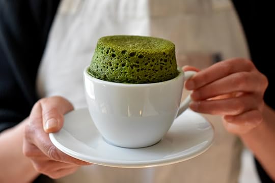 matcha cake in a white mug