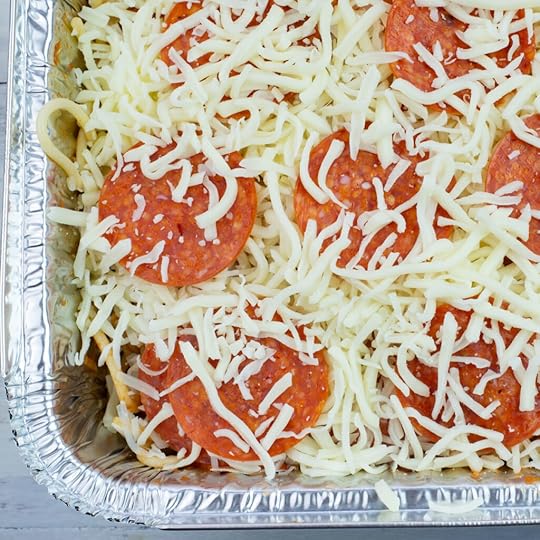 Pepperoni Spaghetti in an aluminum pan before it is baked
