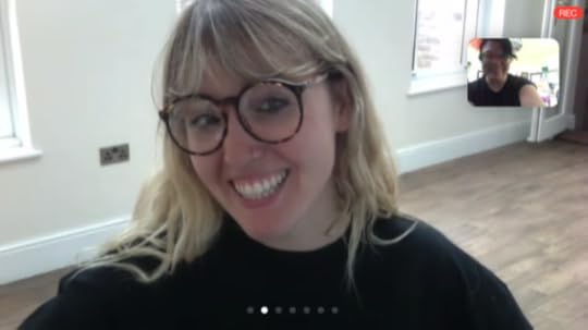 Harriet posing nicely when Tyler (the owner of Theatre Fan Parties) asked her to. My face is awkwardly in the upper right because Zoom.