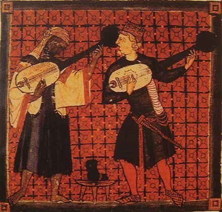 Christian and Muslim playing lutes in a miniature from Cantigas de Santa Maria of Alfonso X