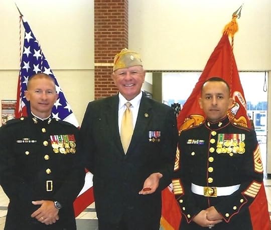 Lt. Col. John Heimburger and 2 Marines at a local high school ceremony