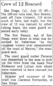 Newspaper article describing sinking of the Sun Beauty