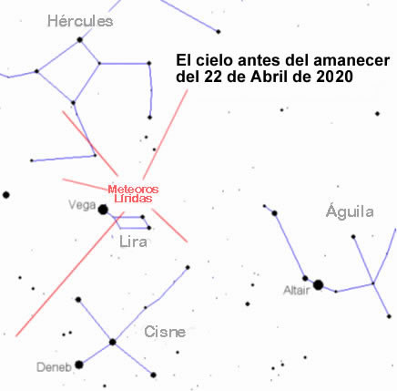 Mapa celeste para la observación de las Líridas la madrugada del 22 de Abril de 2020. Image Credit: NASA/NASANET