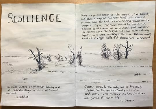 Stoic quotes on a gouache painted background with bare ink drawn trees, artist Linzé Brandon