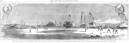 Game 1 of the 1860 championship series between the Excelsiors and Atlantics, played on the Excelsiors’ home field in Red Hook, Brooklyn. There is a public baseball diamond on this spot today. The buildings at center belong to the Excelsiors and the Brooklyn Yacht Club; the surrounding ships are docked along the Gowanus.