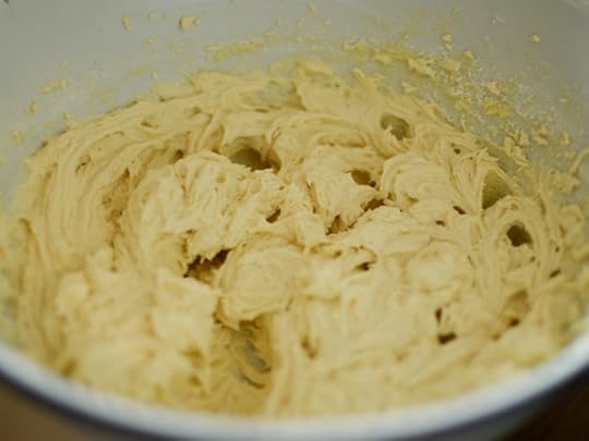 Whipped cake batter in a mixing bowl