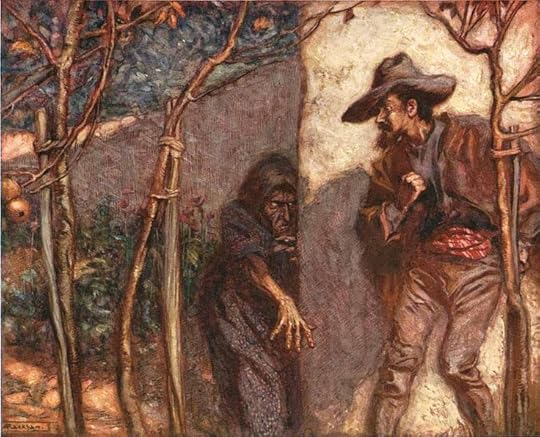 Rapunzel, the witch and the prince, by Arthur Rackham