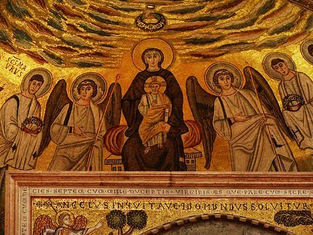Mosaic, Virgin Mary, Baby Jesus, Angels
