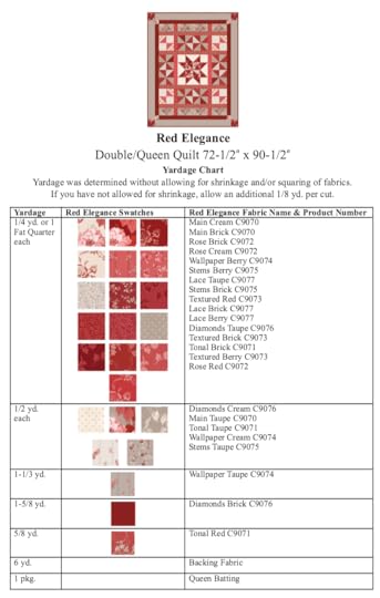 Red Elegance Wall Hanging Quilt Pattern Yardage Chart and Red Elegance Fabric by Nancy Zieman Productions available at ShopNZP.com