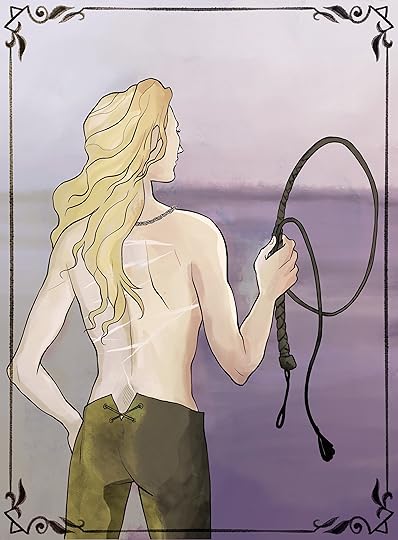 picture of the back of a shirtless young man, scars on his back, holding a whip