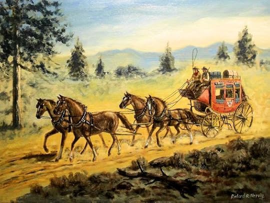 The painting features a stagecoach on the way to Denver in 1880. Description from artsyhome.com. I searched for this on bing.com/images