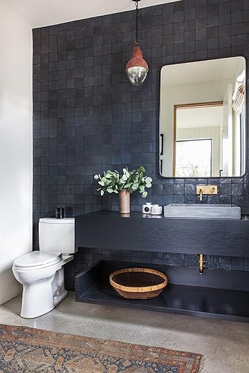 Navy Blue Tile wall black wood vanity brass faucets