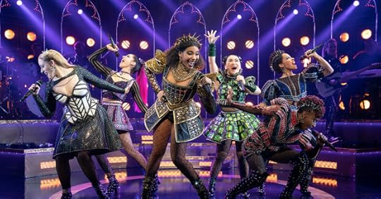 Abby Mueller (Jane Seymour), Samantha Pauly (Katherine Howard), Adrianna Hicks (Catherine of Aragon), Andrea Macasaet (Anne Boleyn), Brittney Mack (Anna of Cleves) and Anna Uzele (Catherine Parr) in the Broadway production of Six - Joan Marcus from WhatsonStage