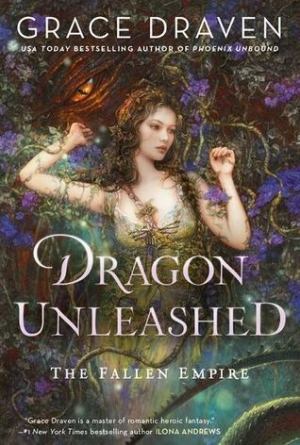 white woman with long dark curly hair surrounded by flowering vines with the eye of a large dragon in the background