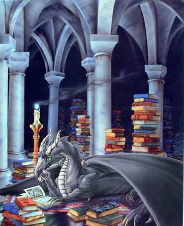 Stardust, the silver Water-drake, in her lair. Obviously, she hoards books instead of shinies ;-)