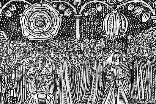A 1509 woodcut of the coronation of Henry VIII and Catherine of Aragon. Henry’s heraldic badge, the Tudor Rose, is shown above him, while Catherine’s, the pomegranate, sits above her. (Joyfull Medytacvon to All Englande, Stephen Hawes)