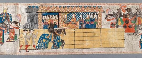 Detail showing Henry VIII jousting in front of Katherine of Aragon, College of Arms (Westminster Tournament Roll), by Thomas Wriothesley, 1511