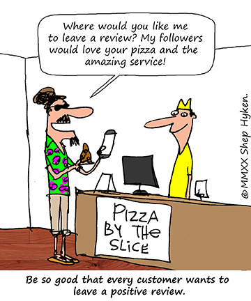 Man asking to leave review at pizza place