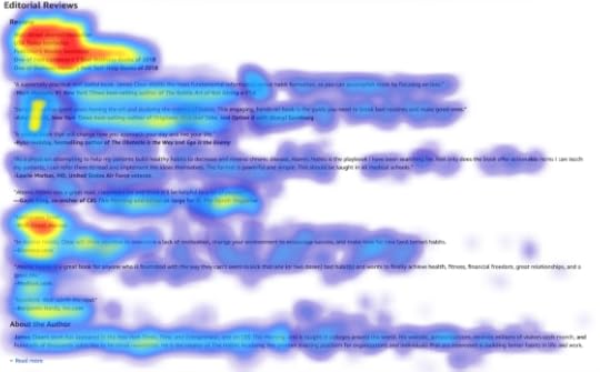 Image: sample 'heat map' of the Amazon Editorial Reviews section, showing that viewers' eyes lingered most on reviewers' names and credentials and least on the text of the review (especially if reviews were longer than just a few words)