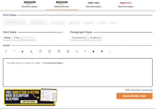 Image: sample Kindlepreneur Book Description Generator interface, showing fields for adjustment of font size and style, paragraph style, graphical icons, along with a preview frame and a button labeled 'Generate My Code'