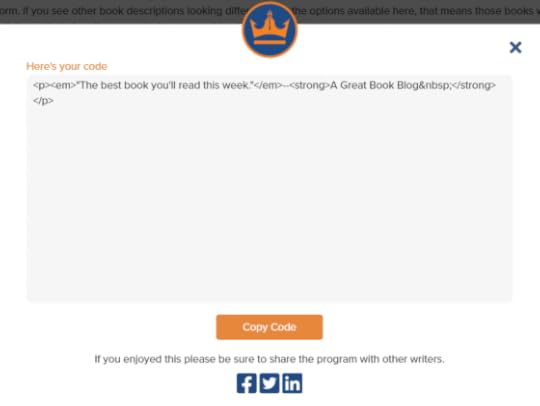Image: sample Kindlepreneur Book Description Generator interface, showing the finished HTML code and a button labeled 'Copy Code'
