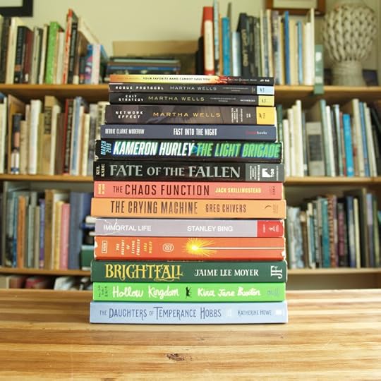 Stack of fourteen uncorrected proofs, all novels, available for this Friday's book giveaway