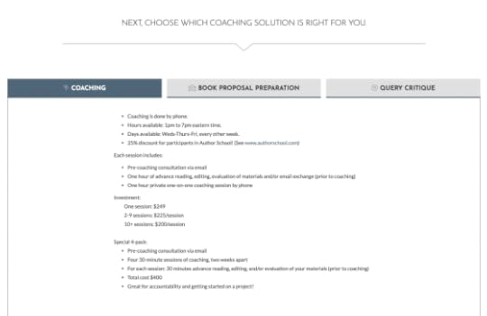 Screenshot from the website of literary agent Rachelle Gardner, detailing her various packages' services and pricing