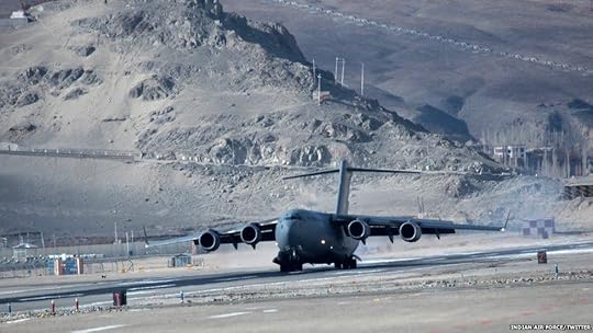 Plane at mountain airstrip Daulat Beg Oldi