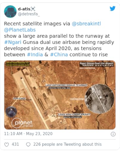 Twitter post by @detresfa_: Recent satellite images via @sbreakintl @PlanetLabsshow a large area parallel to the runway at #Ngari Gunsa dual use airbase being rapidly developed since April 2020, as tensions between #India & #China continue to rise