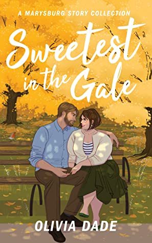 Illustrated cover of a fat white woman with short brown hair sitting on a park bench holding hands with a bearded white guy dark hair, in the background of autum colours, the leaves are being blown off the trees by a high wind