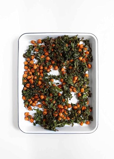 crispy kale and chickpeas on baking sheet