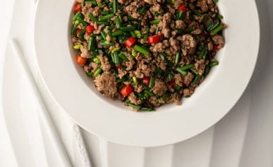 Ground pork stir fry in a bowl