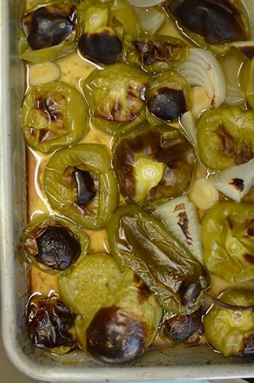 Sheet pan of roasted tomatillos, onions and jalapenos.