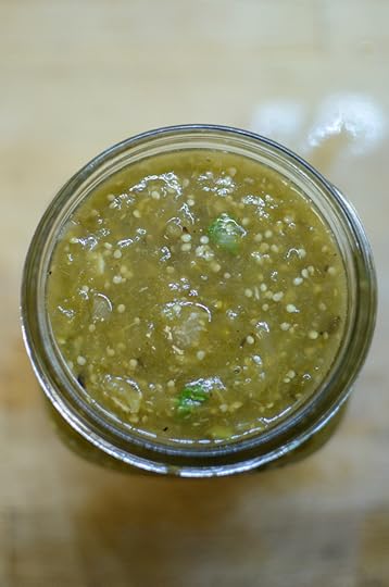 Top of a jar of roasted salsa verde.