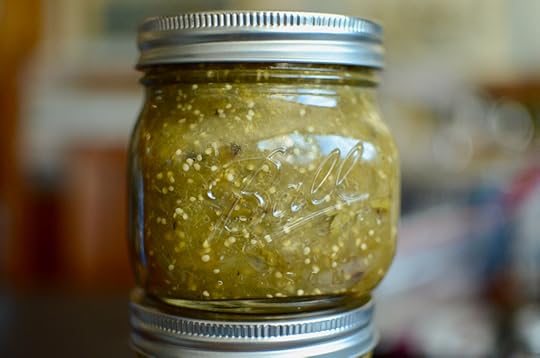 One pint jar of roasted salsa verde in natural light.