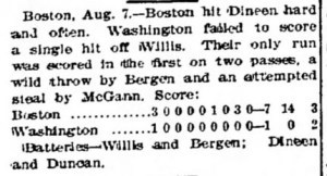 Wire services reports of this game recorded it as a no-hitter, though both the home and away newspaper accounts disagree.
