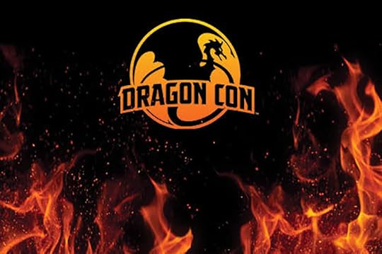 DragonCon logo with black background and red/orange flames