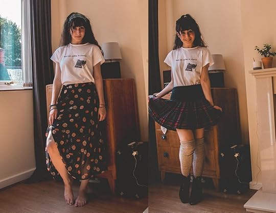 Me wearing a minimalist t-shirt with skirts