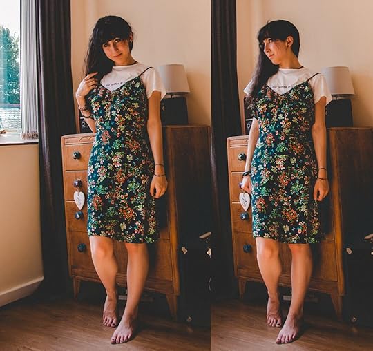 Me wearing a minimalist tee with a strap dress