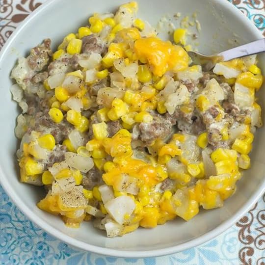 Crock Pot Cowboy Casserole recipe served in a grey bowl