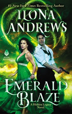 Attractive white couple, both with dark hair, she is wearing a long sparkly emerald halterneck/strappy evening gown with a plunging neckline and silver detailing under the bust and he is wearing a tux without the jacket and with the bowtie undone and shirt unbuttoned at the top. He is holind a gun pointing down and away and she is holding a sword, they are almost back to back but both facing front and there are swirling green and yellow sparkles behind them.