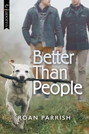 Photo of two men (faces not visible) walking hand in hand in foggy weather, a white dog with a big stick in its mouth runs ahead of them.