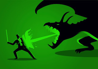 Clipart of a Man fending off a fire-breathing dragon