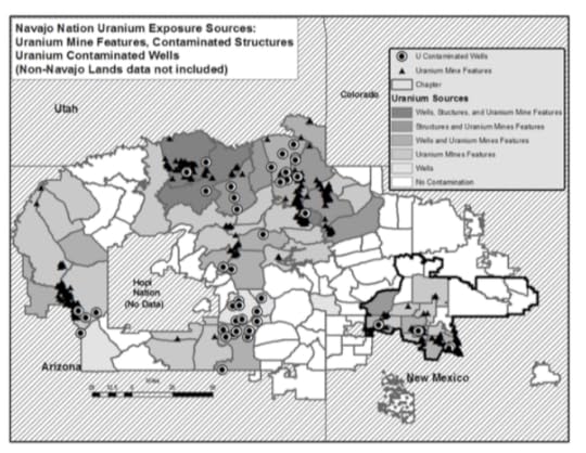 Four corners, domestic U.S.: map of about 1,000 abandoned uranium mines in Navajo Nation, including contaminated unregulated wells. Image courtesy TommyRock