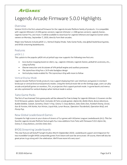 Legends Arcade Firmware 5.0.0 Highlights