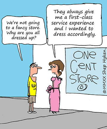 Woman dressed in formal wear to go to the one cent store