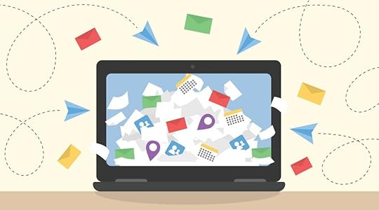 Computer screen with envelopes flying everywhere in chaos.