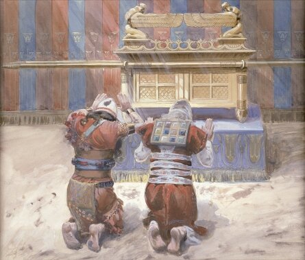 Moses and Joshua before the Ark of the Covenant by James Tissot, c. 1900. Public domain.