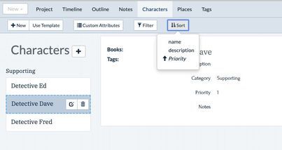 Image may contain: text that says 'New Project Timeline +New Outline Notes Use Template Characters Custom Attributes Places Tags Filter l.Sort Characters Supporting Books: Tags: Tags: name description ave Priority Detective Ed ption Detective Dave Category Supporting Detective Fred Fred Priority Notes'