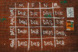 Wall of German articles written in chalk on brick
